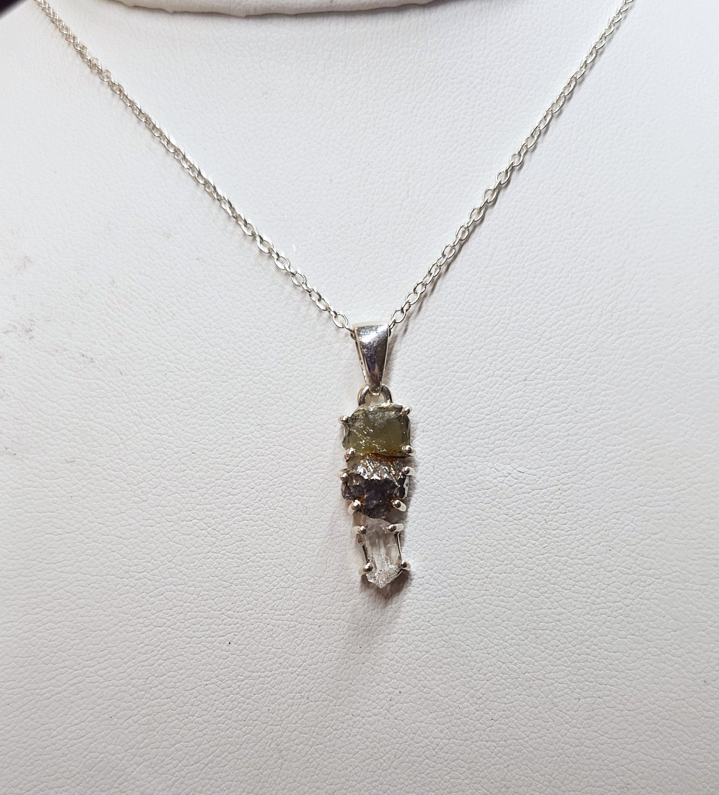 moldavite, herkimer, tektite in sterling pendant