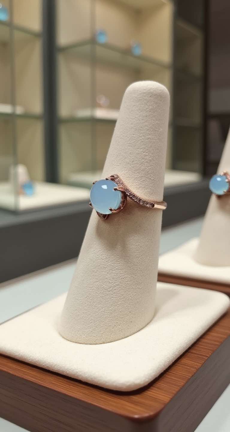 blue chalcedony solitaire in 14k rose gold ring